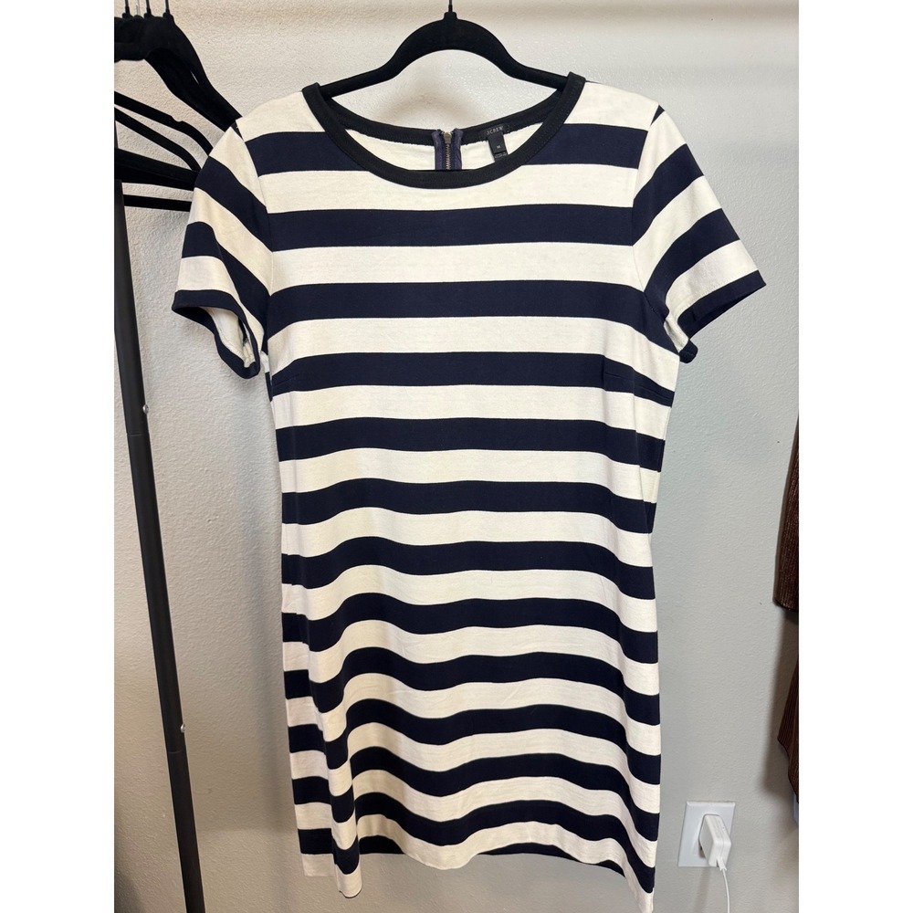 J.Crew‎ Womens Navy Blue White Striped Short Sleeve Shift Dress Size M Zip Back